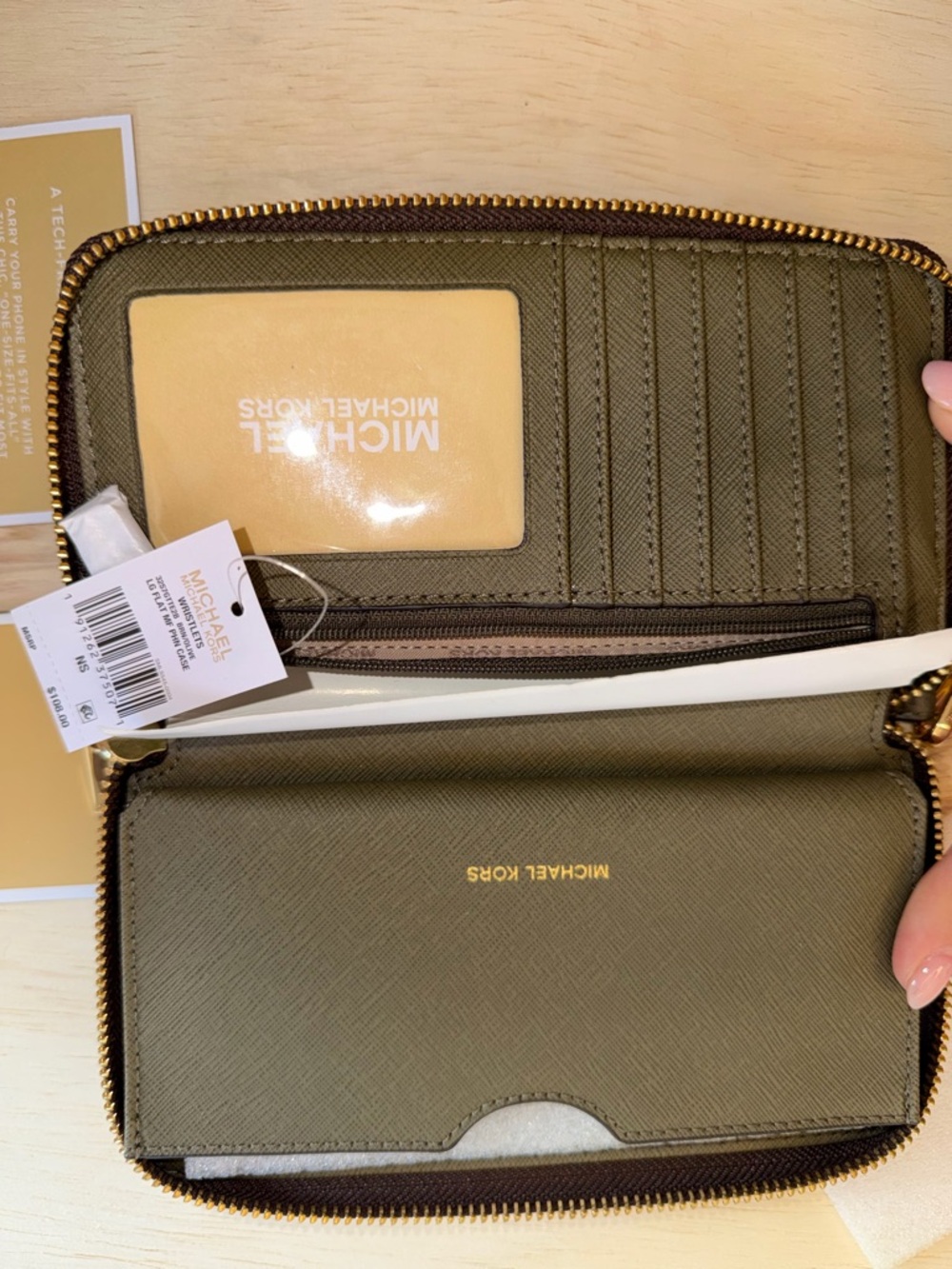 NWT Michael Kors Olive Brown Large Flat Phone Wristlet - Picture 6 of 6